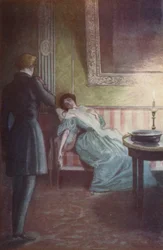 Sie lehnte sich auf einem großen Sofa zurück, eine Hand auf ihrem Herzen, die andere an ihrer Seite hängend